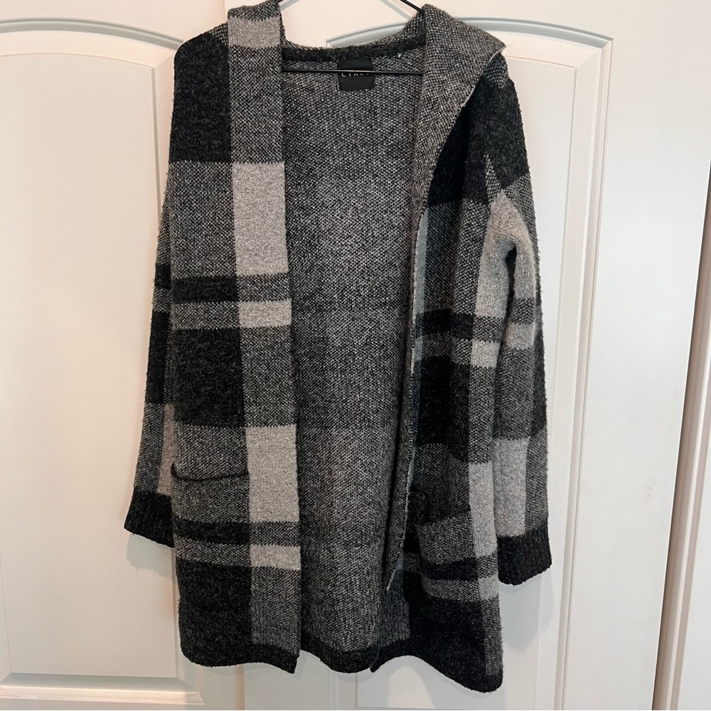 Long Hooded Cardigan Plaid Knit